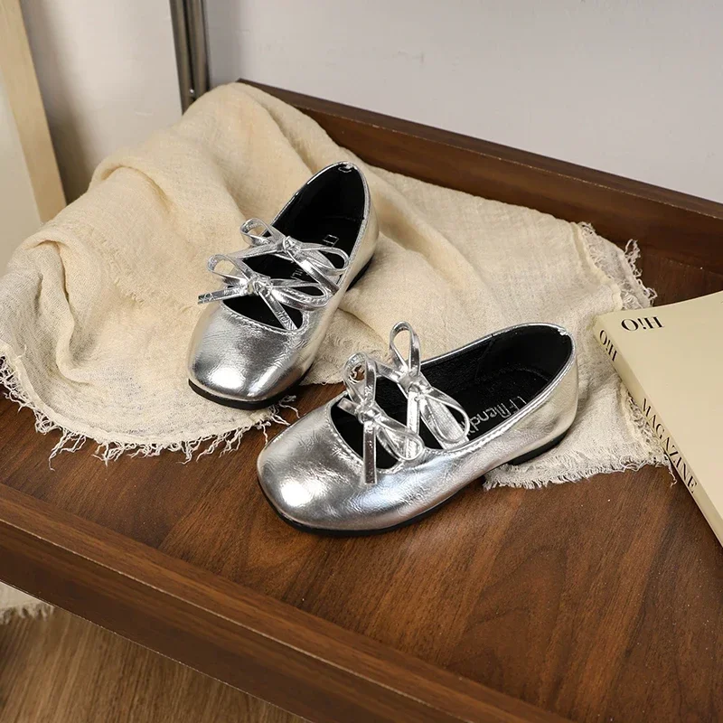 Girls Princess Ballet Shoes Gold Silver Versatile Children's Leather Shoes Fashion Sweet Kids Causal Performance Flat New