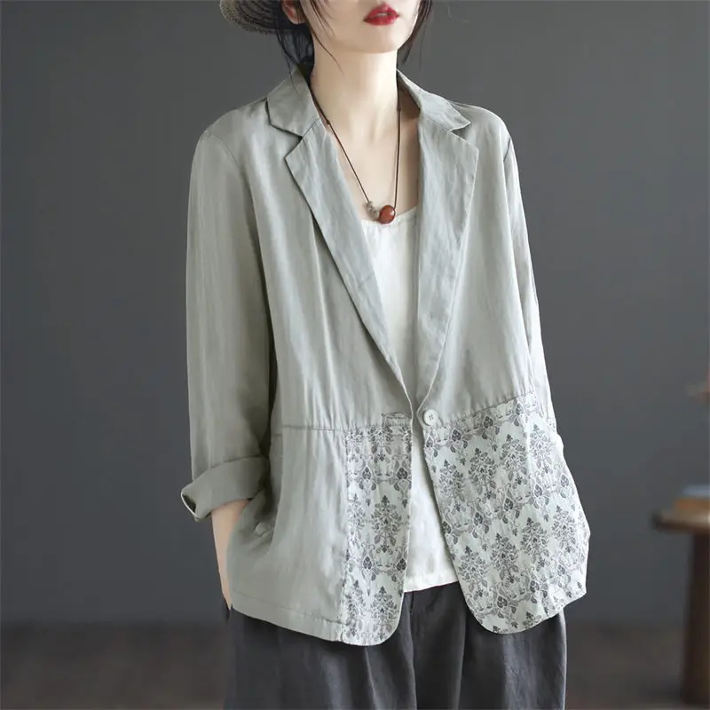 

Casual Suit Coat Women 2023 New Spring/Summer Literary Retro Ramie Patch Spliced Blazer Top Long Sleeve Shirt Jacket Z708