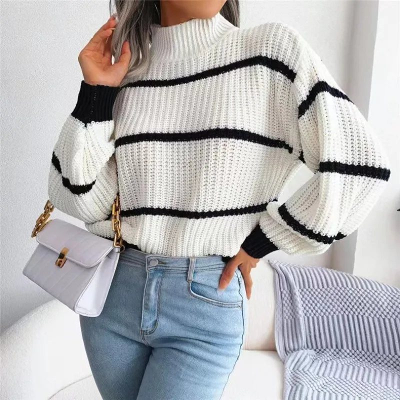 New Autumn and Winter Women's Semi-turtleneck Knitted Long-sleeved Sweater Fashion Striped Lantern Sleeve Office Casual Top