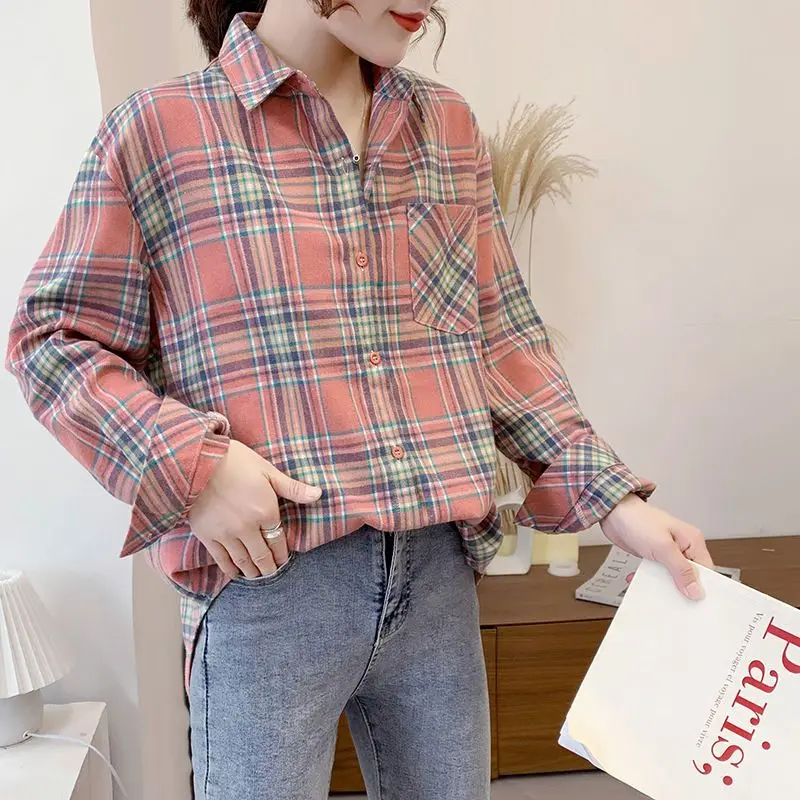 Fashion Printed Button Pockets Plaid Shirt Women's Clothing 2023 Spring New Loose Casual Tops All-match Korean Blouse