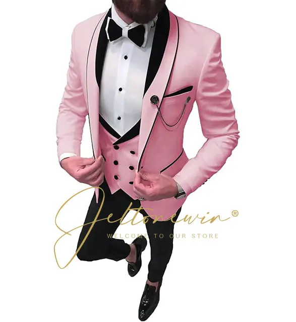 

Pink 3 Pieces Mens Suits With Black Shawl Lapel Casual Tuxedos for Wedding Groomsmen Suits Terno Masculino (Blazer+Vest+Pant)