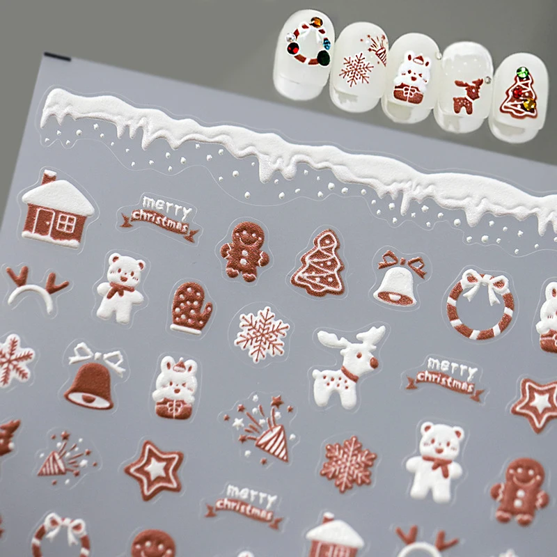 

Winter Gingerbread Man Snow Cute Deer Bear 5D Embossed Relief Self Adhesive Nail Art Sticker Christmas Cartoon 3D Manicure Decal