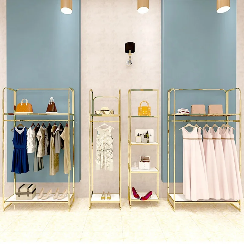 

custom，Gold Boutique Retail Garment Shop Fittings Display Furniture Clothing Display Rack Stand