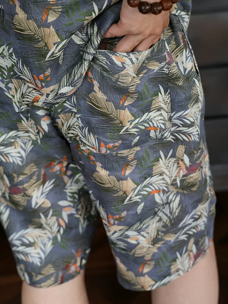 High Quality Linen Beach Vintage Print Hawaiian Casual Capris Holiday Men Shorts New Line Non RRL