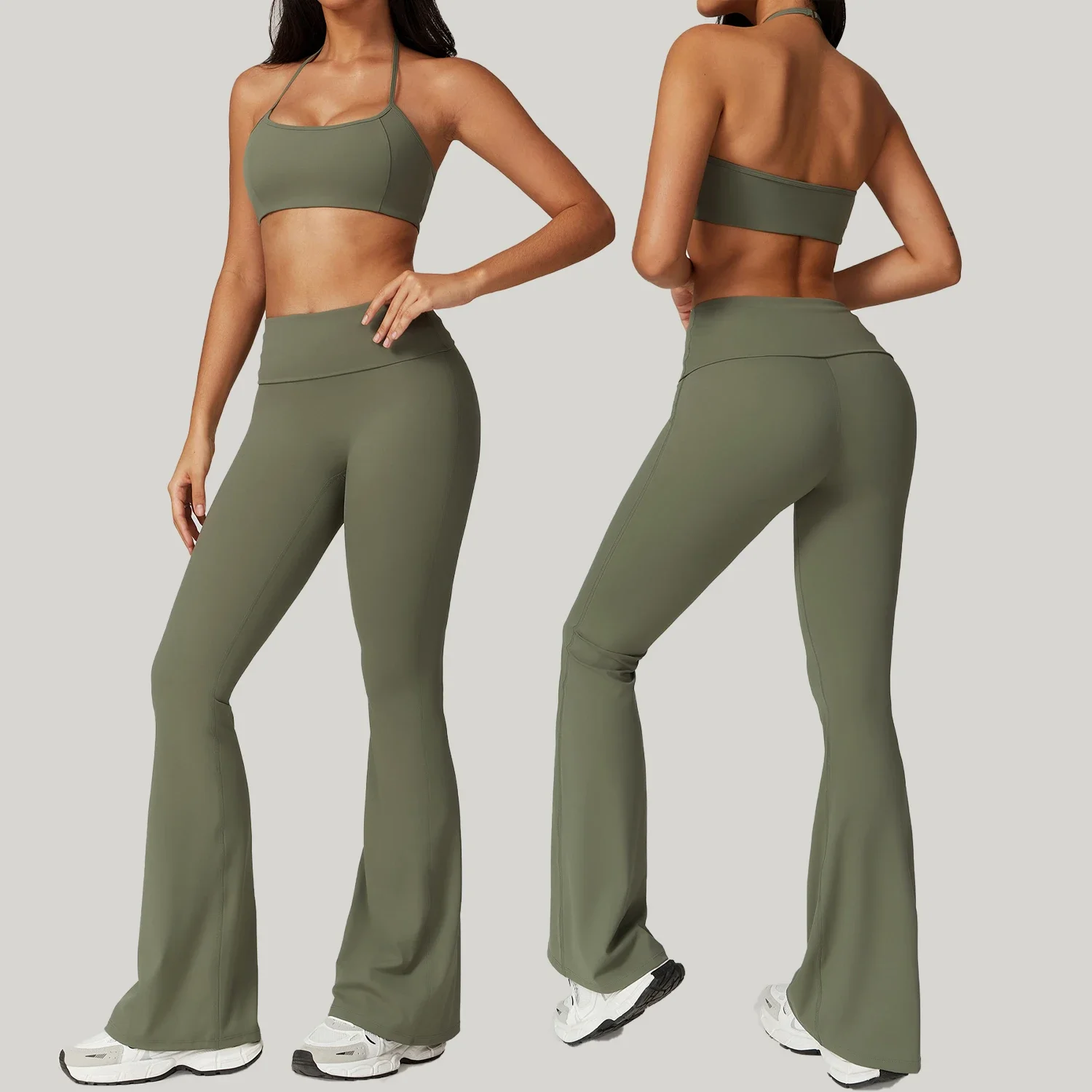 Hanging Neck Back Yoga Flared Pants Set Flip Fold High Waisted Skinny Gym Workout Breathable Casual Fitness Exercise Clothing yoga set sports set gym workout set sportswear set fitness set yoga pants set