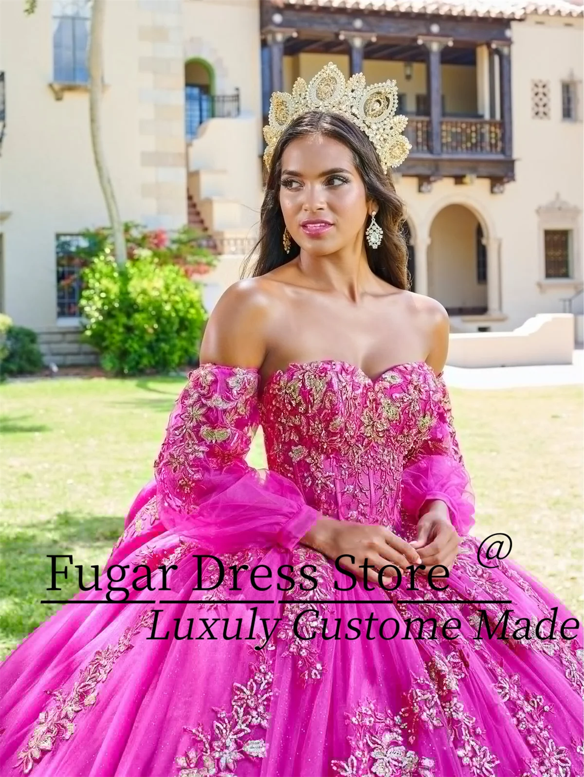 Pink magenta Quinceanera Dresses Sequin decal long sleeved cape skirt Detachable cape and bubble sleeves vestidos para ni&ntilde;as