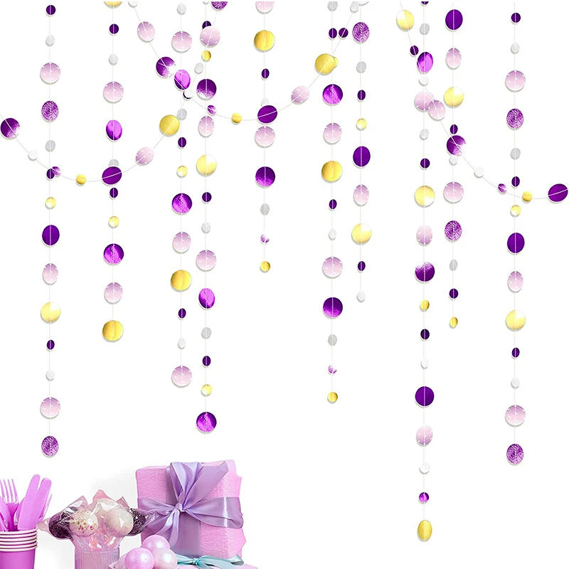Purple Gold White Lavender Hanging Paper Polka Dots Streamer Birthday Party Valentine Day Lilac Theme Party Decorations Supplies