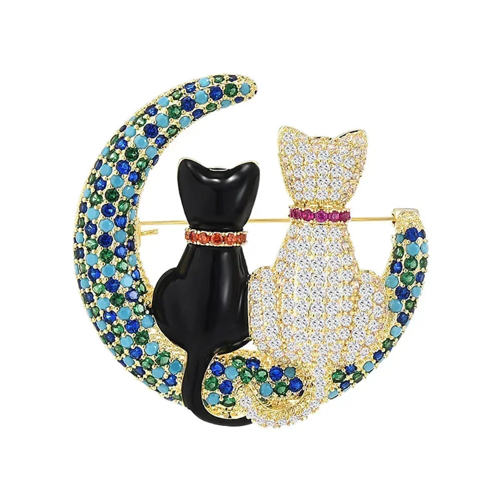 Two Cat on The Moon Animal Enamel Pin Brooch for Women Suit Accessories Rhinestone Black Cat White Cat Corsage Lapel Pins Gifts