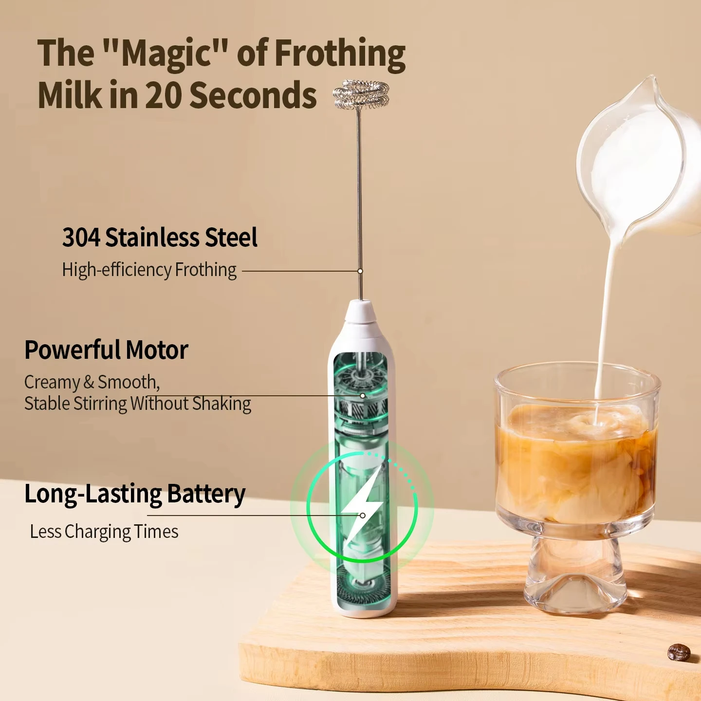 Electric milk frother, rechargeable 3-speed electric handheld mixer, double stick egg beater, coffee mixer, kitchen cream maker 3