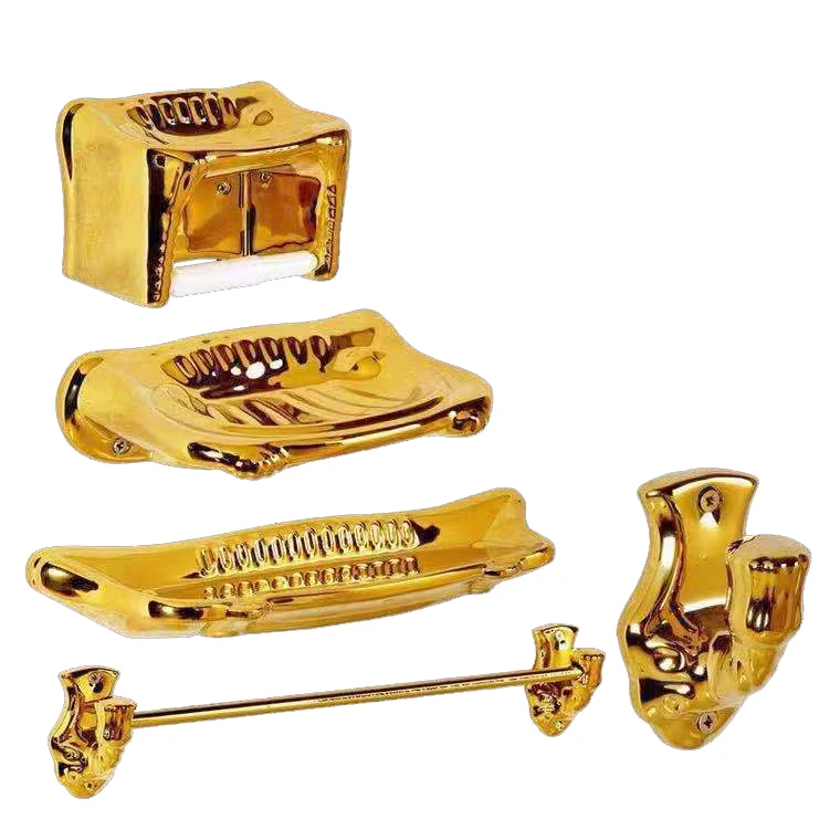 

Royal style European Arabic golden luxury hotel white wholesale 5 piece ceramic gold color washroom bathroom accessories set