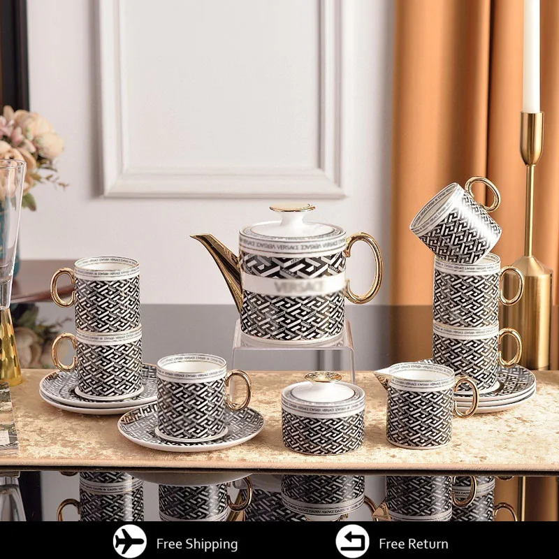 

New Greek Maze Coffee Set, 15 Combinations Of Teapots And Cups, Bone Porcelain Gold Tea Set Decoration, Moving Wedding Gifts