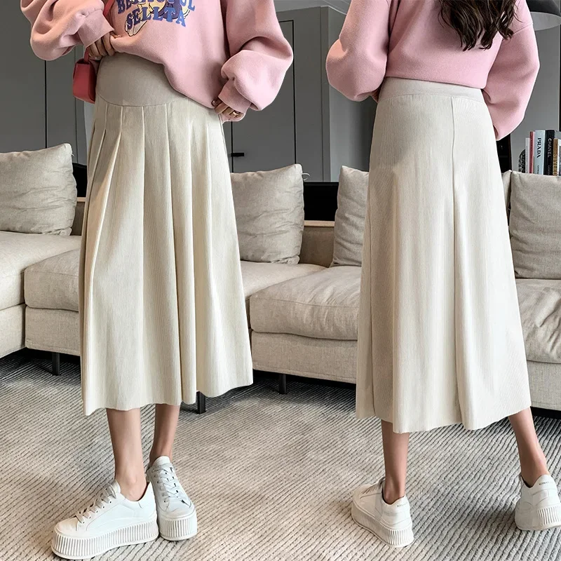Maternity Corduroy Skirt High Waist Midi Length Pleated College Style Autumn Winter Fashionable Pregnancy Skirt