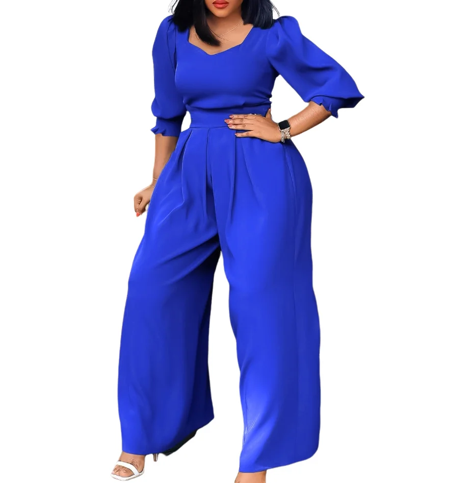 Women Fashion V-Neck Bodysuit 2023 New Long Sleeved Solid Color Loose Wide Leg Straight Tube Jumpsuit Temperament Commuting