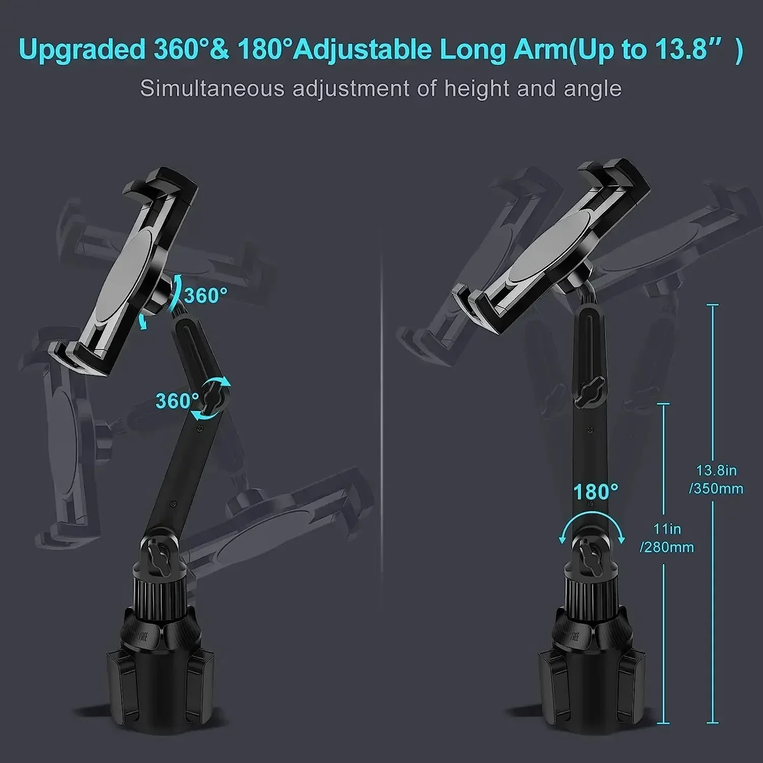 Cup Holder Tablet Mount, Car Tablet Holder Compatible with iPad Pro 12.9/11/10.5/9.7/Air/Mini 6/5/4, iPhone 14/13/Pro, 4.7-12.9