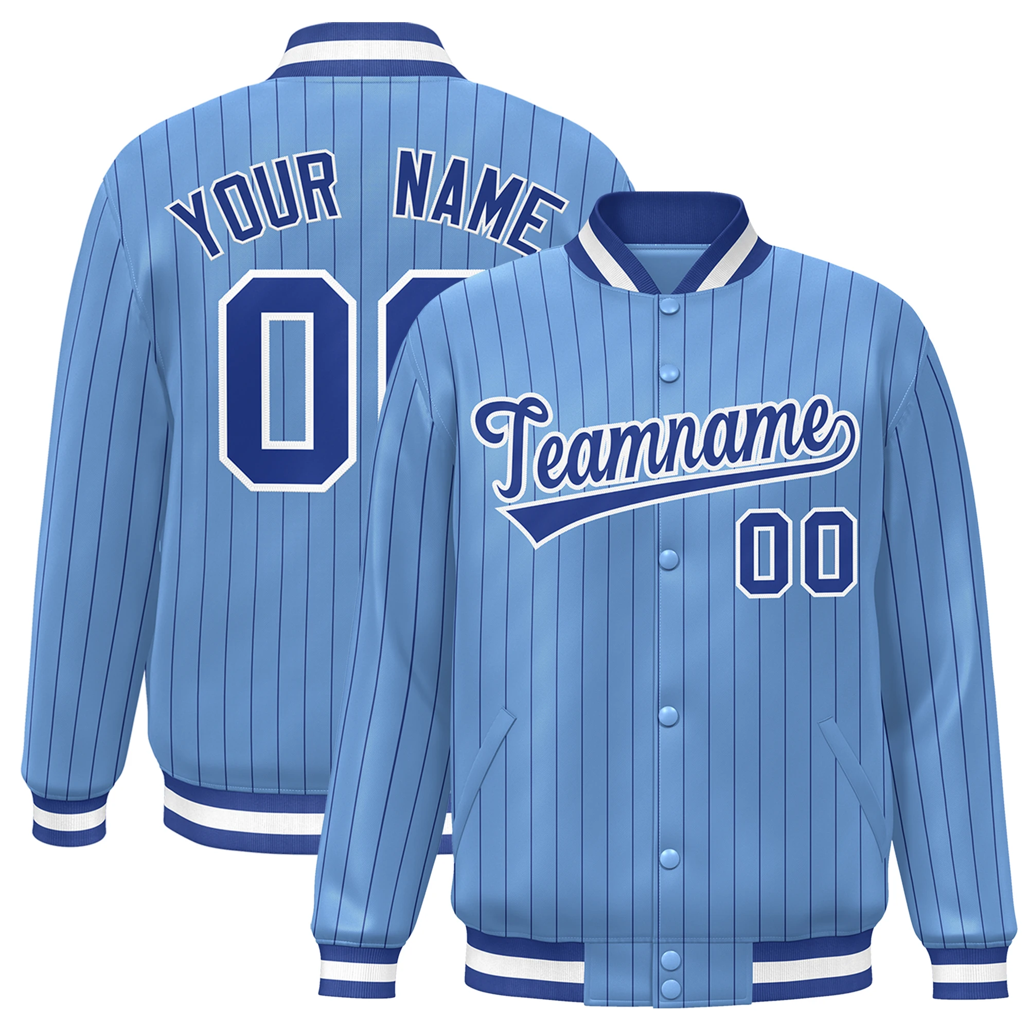 

Custom Baseball Jacket Pinstripe Full-Snap Stitched Text Number Logo Varsity Letterman College Baseball Jacket