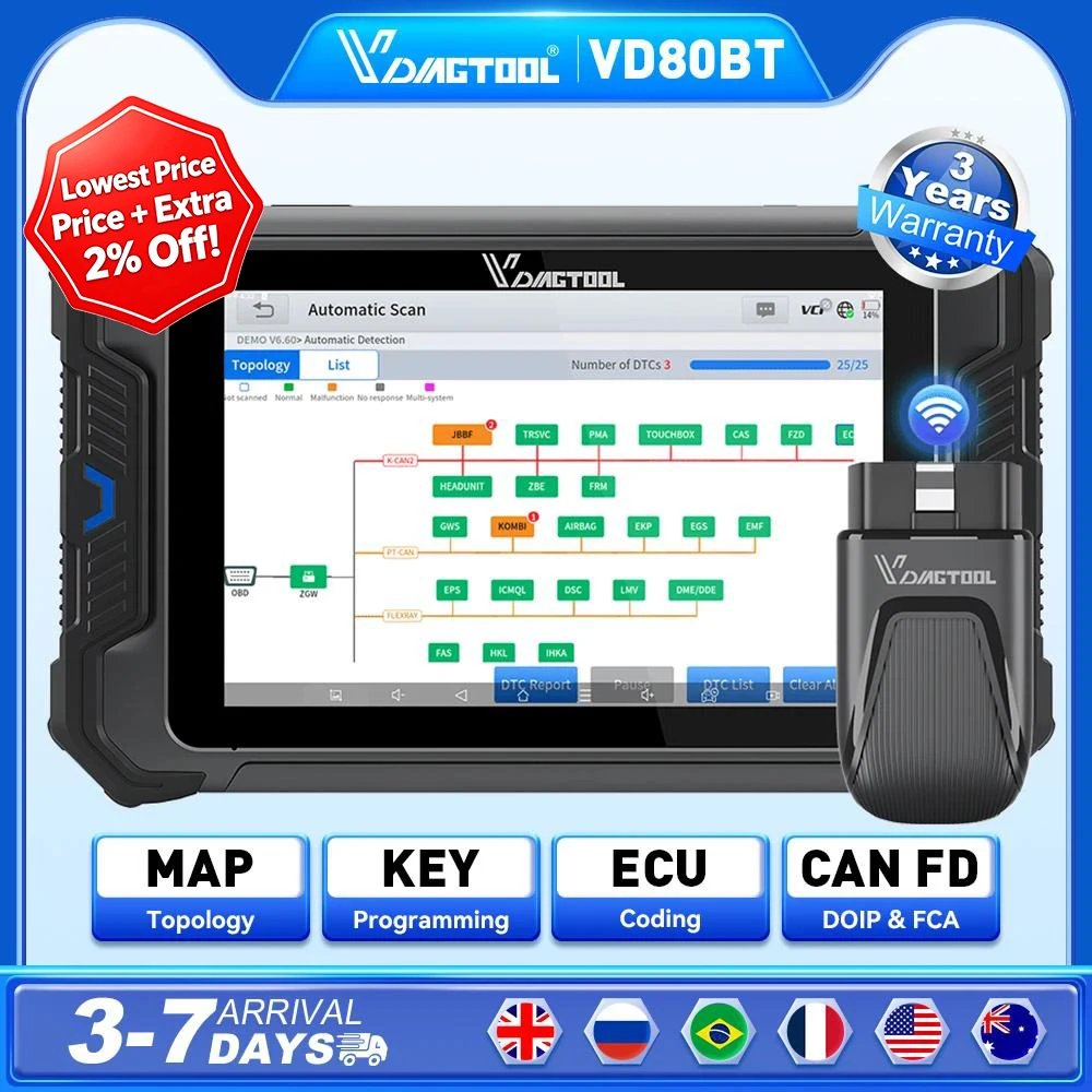 VDIAGTOOL VD80BT Scanner de Diagnóstico Automotivo para Carros, Mapa de Topologia, Programação de Chaves, 42+ Redefinições, Teste Ativo de Todos os Sistemas, CANFD, DOIP, FCA