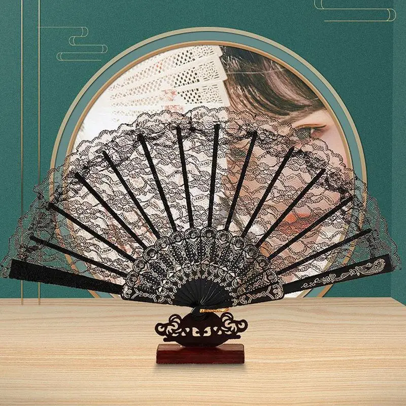 Éventail Pliant Noir Dentelle Et Bambou - Taille Compacte (22 Cm), élégant, Pour Mariage, Soirée, été