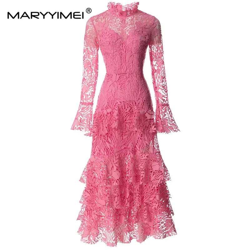 

MARYYIMEI New Autumn Fashion Women's dress Flare Sleeve Hollow Out Layered Ruffle Holiday Party Standing collar Lace Dresses