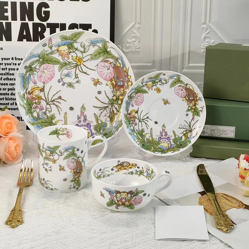 Bone China Coffee Cup Saucer Set, Japanese Cartoon Tableware Series, Hotel Steak Flat Plate, Round Mug, Afternoon Tea Tool
