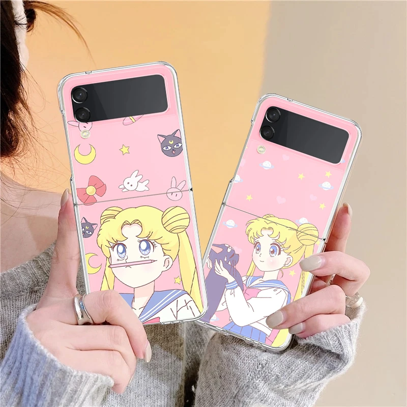 samsung galaxy z flip3 case Case For Galaxy Z Flip 3 5G Transparent Hard PC Back Cover For Samsung Galaxy Z Flip3 Protective Bumper Shell Sailor Moon Anime galaxy z flip3 phone case