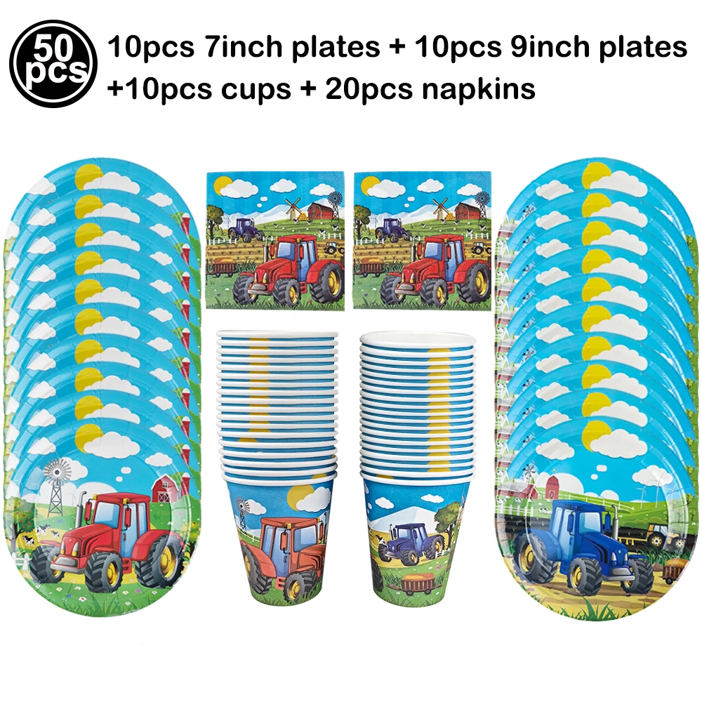 Farm Tractor Birthday Party Supplies Set: Green Tractor Plates, Cups & Napkins