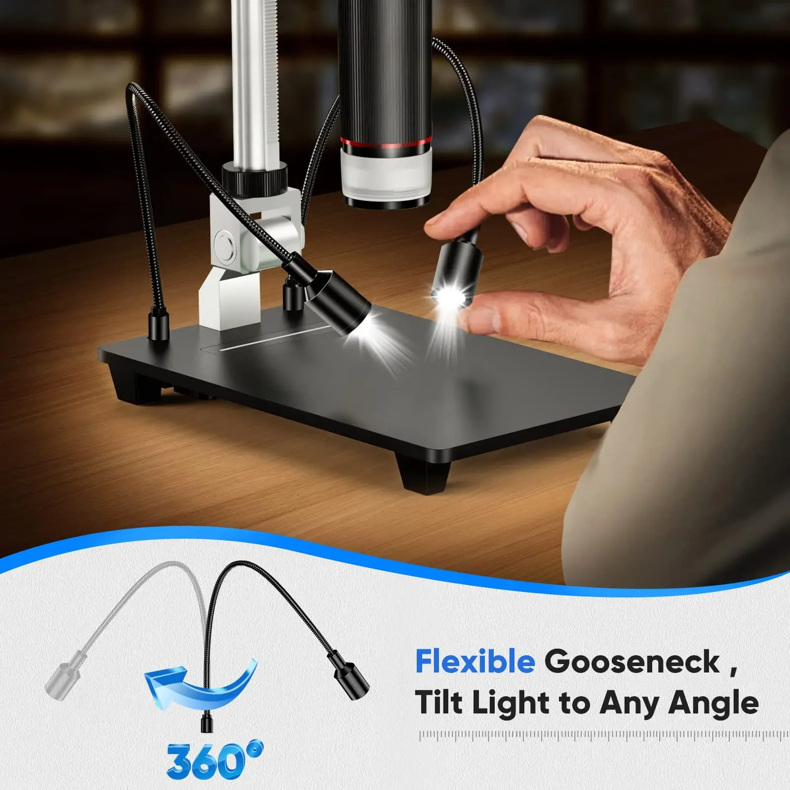 TOMLOV Microscope Base With LED Lights Universal Adjustable Aluminium Alloy Stand Holder For Digital Microscopes Diameter 1.4"