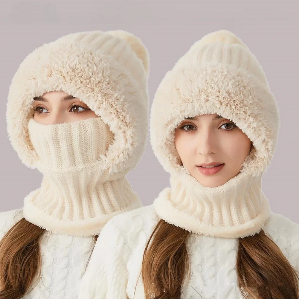 Women's Knitted Hat, Thickened and Velvet Hat, Scarf Mask, One-piece Hat, Winter Warm Hat, Suitable for Outdoor and Travel