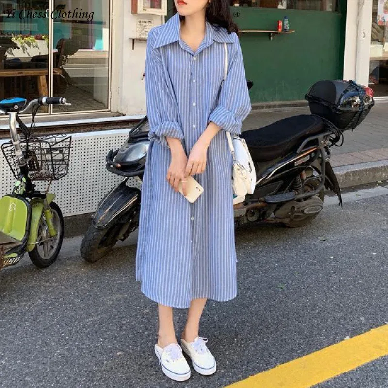 

Instagram Contrasting Striped Shirt Skirt With French Style TemperamenT New Knee Length Loose And Slimming Long Sleeved Dress