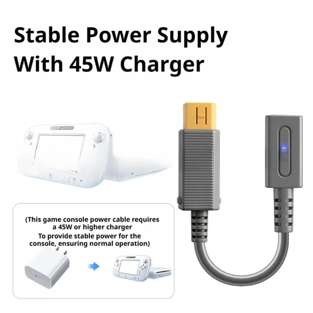 타입-C to Wii U 충전 어댑터 케이블, 45W PD 고속 충전 컨버터(LED 표시등 포함), Wii U 콘솔용 12cm 짧은 케이블