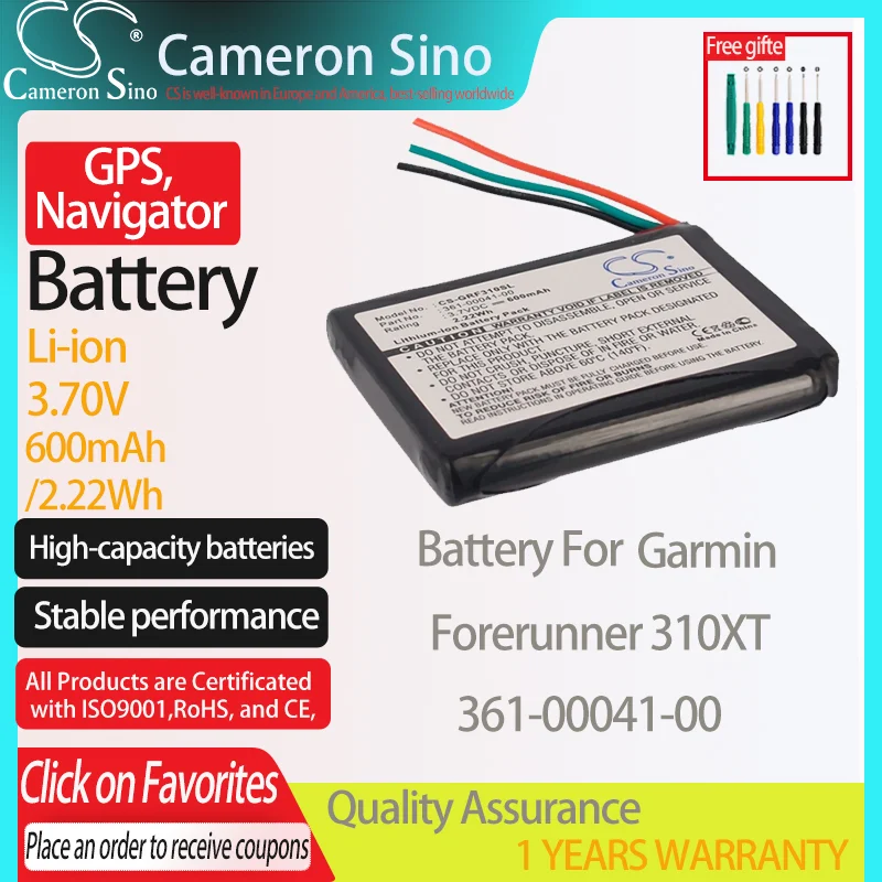Batteria Cameronsino Per Garmin Forerunner 310Xt Per Garmin 361-00041-00 Gps, Batteria Navigatore 600Mah/2.22Wh 3.70V Li-Ion Nero