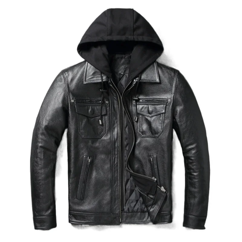 

Removable Hooded Leather Jacket Men Genuine Cowhide Coat Slim Biker Clothing Mens Winter Veste Cuire Homme