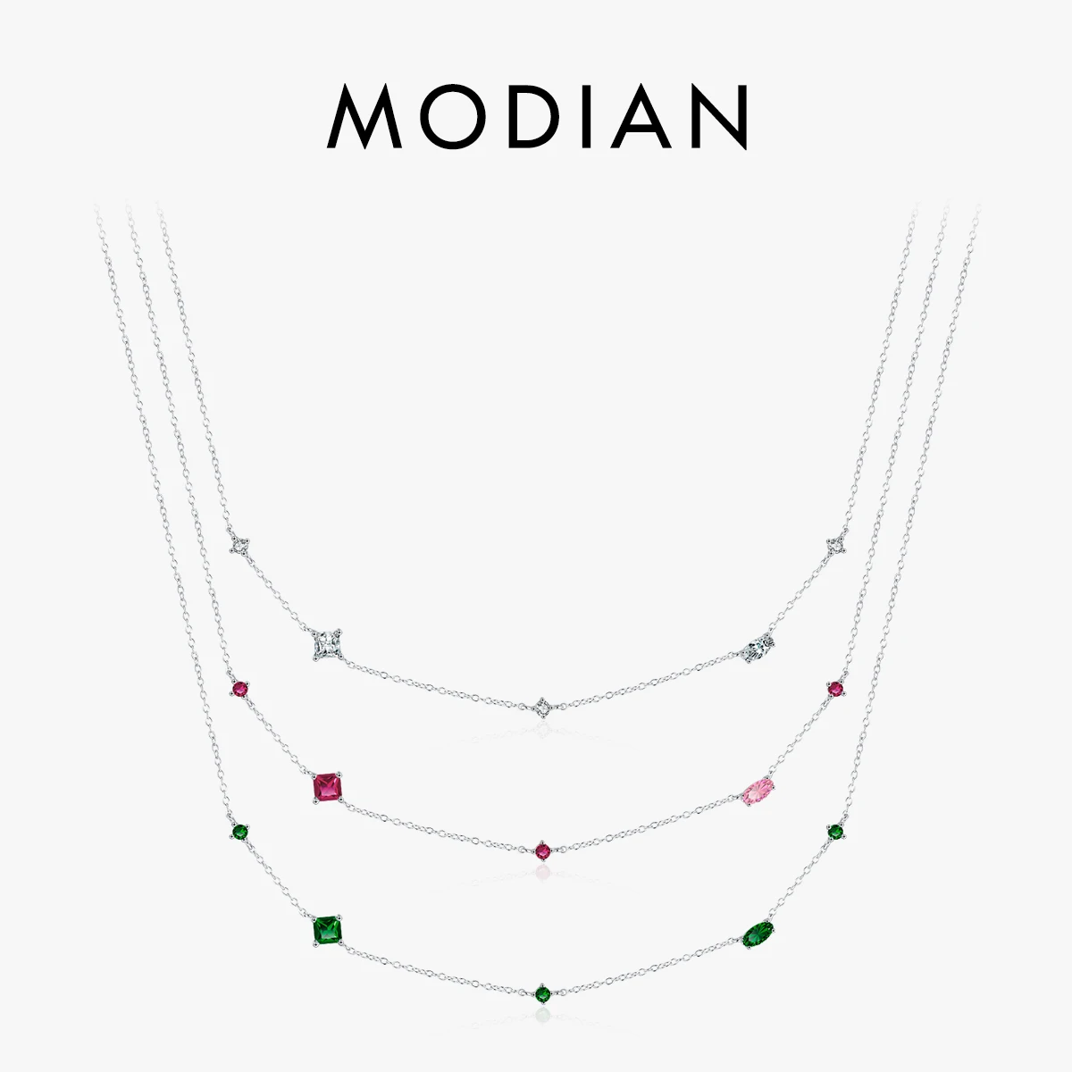 MODIAN 925 Sterling Silver Rainbow Colorful Zirconia Pendant Necklace Shiny