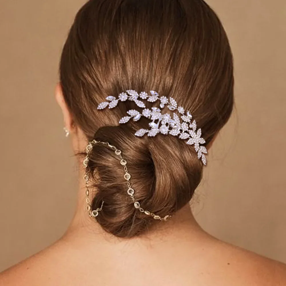 Bridal Leaf Hair Combs Rhinestone Hair Accessories for Women Flower Crystal Princess Traia Headpiece Wedding Jewelry hair accessory