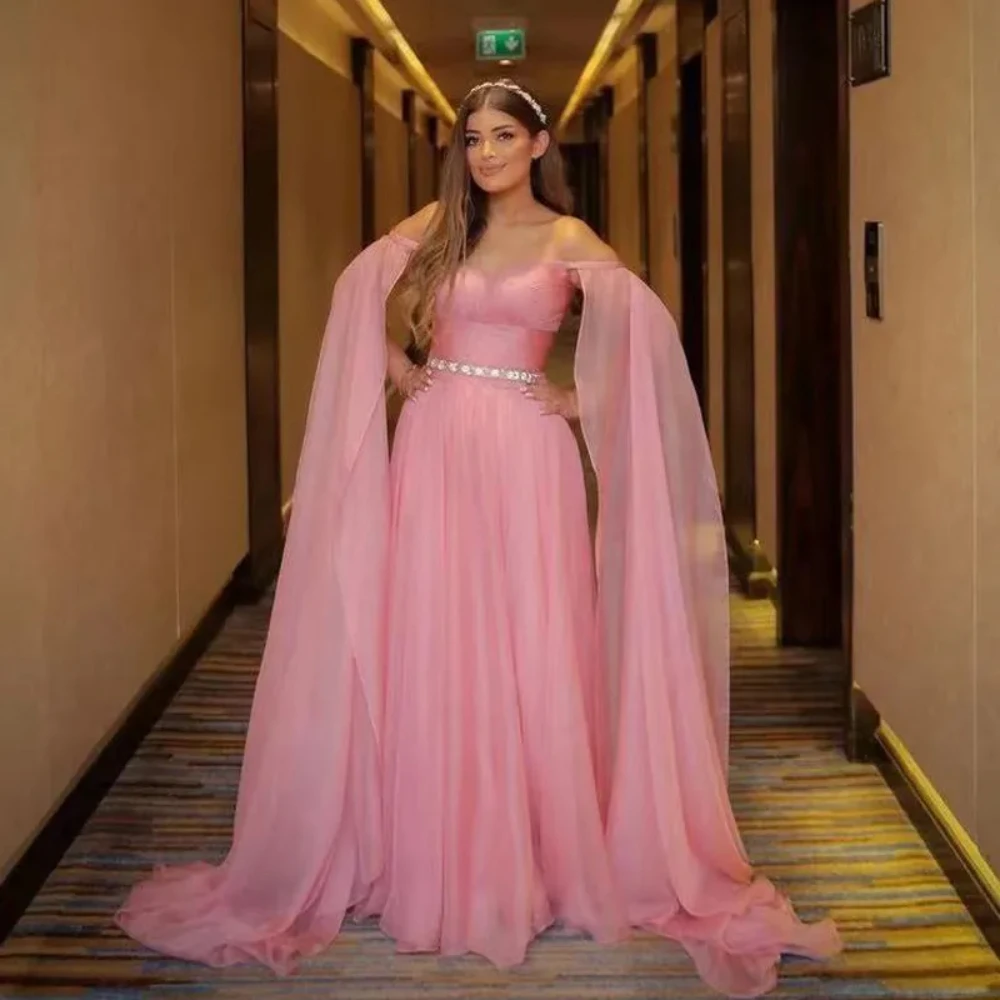 

Pink Chiffon Evening Dresses with Cape Sleeve Off Shoulder Ruched Celebrity Gown Crystals Belt Boho Red Carpet Dress Formal Wear