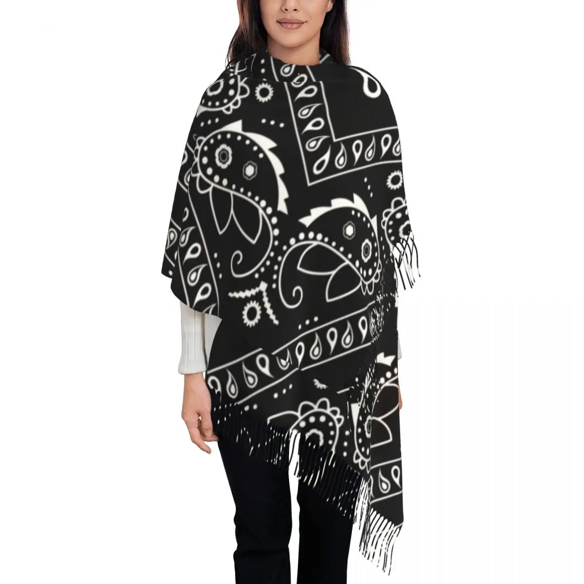 

Personalized Print Black Bandana Pattern Scarf Women Men Winter Warm Scarves Paisley Style Shawls Wraps