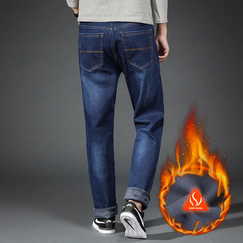 Big Plus Size Men Warm Jeans 2023 Winter New Fashion Casual High Quality Fleece Elastic Straight Thick Trousers Jeans Male Brand 6