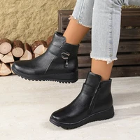 2025 Winter New Women's Ankle Boots - Side Zipper Plush Lined, Buckle Decor with Pendant, Non-Slip Wedge Heel, Warm & Elegant - Image 3