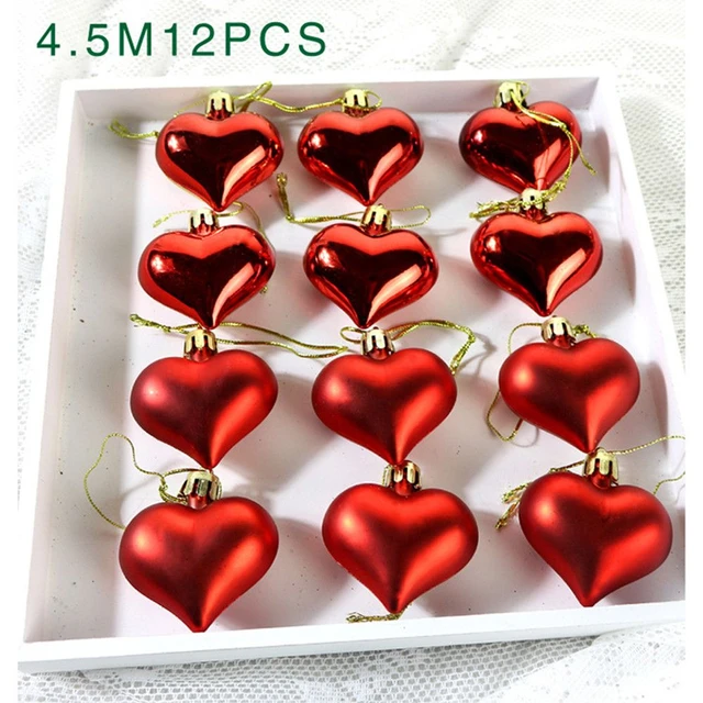 Valentine's Day Heart Ornaments, 3 Heart Baubles Heart Shaped Christmas Tree Baubles Heart Hanging Decorations for Valentine's Day Wedding Anniversary