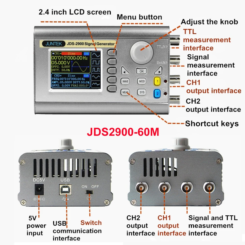 

JUNTEK JDS2900-60M 60MHz DDS Function Signal Generator Digital Control Dual-channel Frequency Meter Arbitrary Waveform Generator