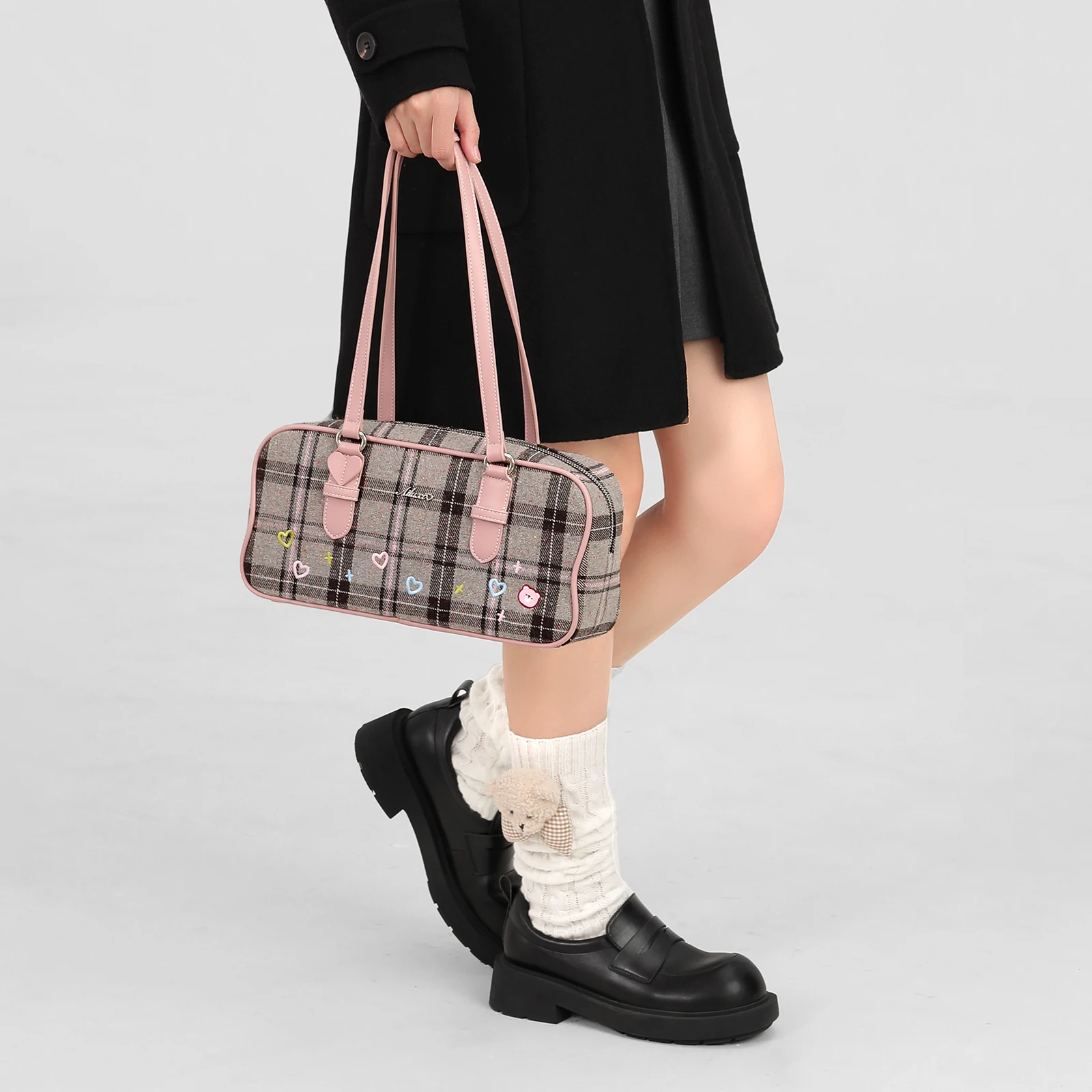 AILUXI Plaid Wool Underarm Bowling Bag Cute Heart Print Handbag Daily Commuting Gym Bag Christmas Halloween Gift 5
