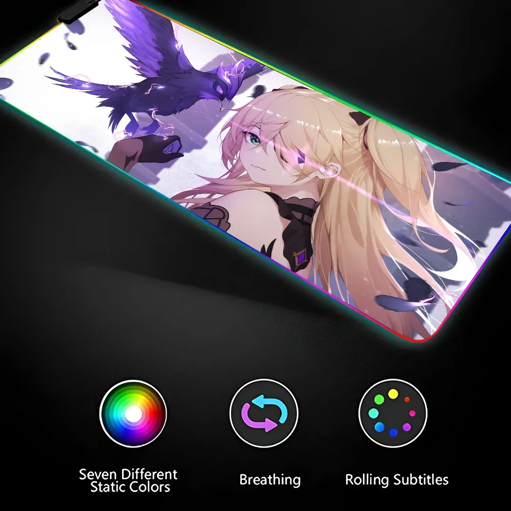 1pc Fischl Genshin Impact XXL RGB Gaming Mouse Pads HD Black Gamer Accessories Large LED 4