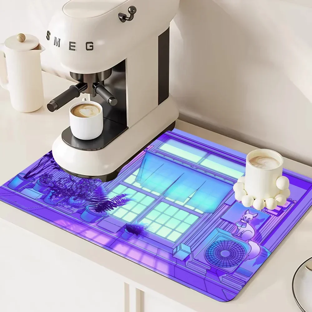80s Vaporwave Style City Night Street Cat Non-slip Fast Water Absorption Anti-scalding Imitation Tile Printing Coffee Machine 3