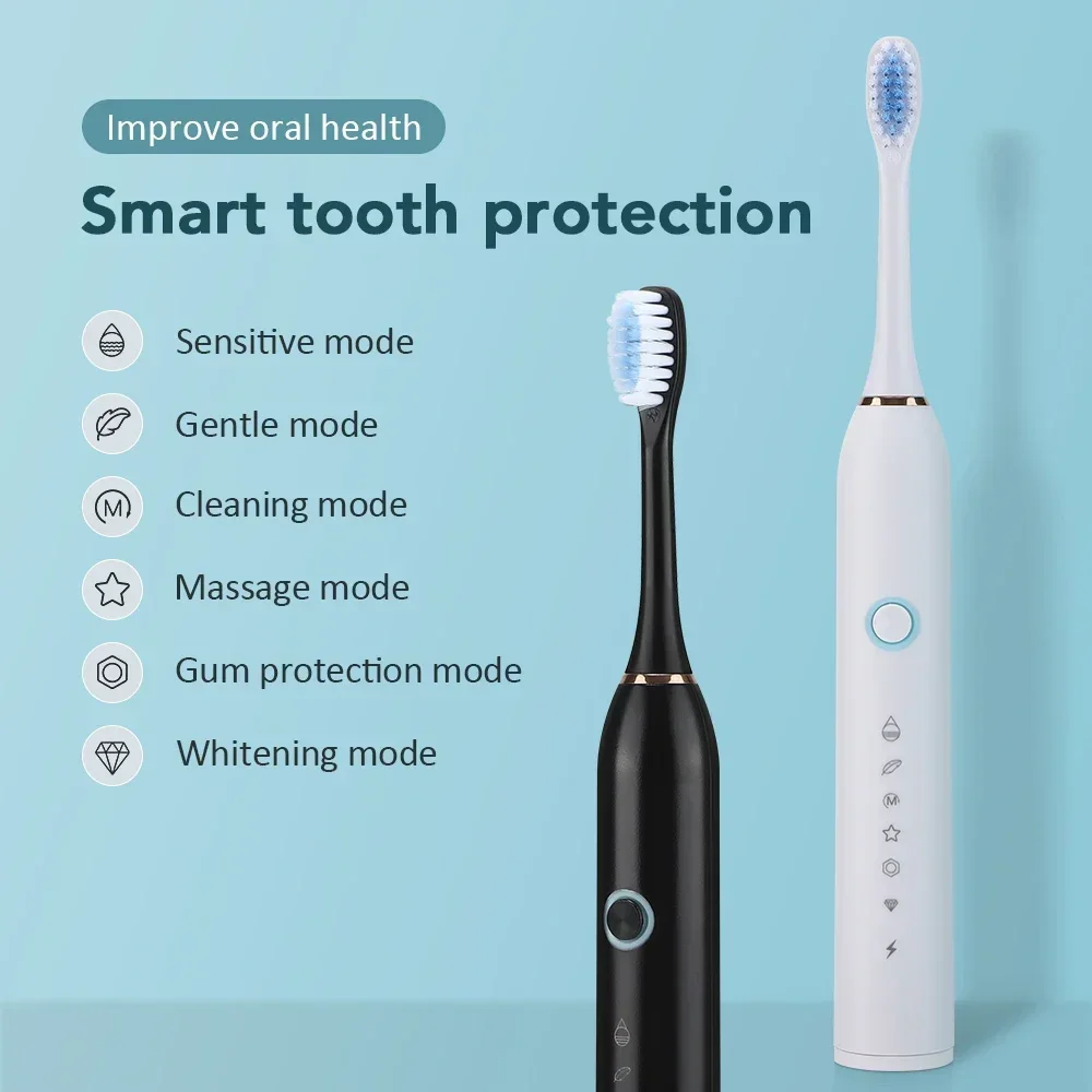 Six Modes Electric Ultrasonic Toothbrush IPX67 Home Soft Hair USB Charging Waterproof Adult Tooth Cleaner Automatic Couple Set