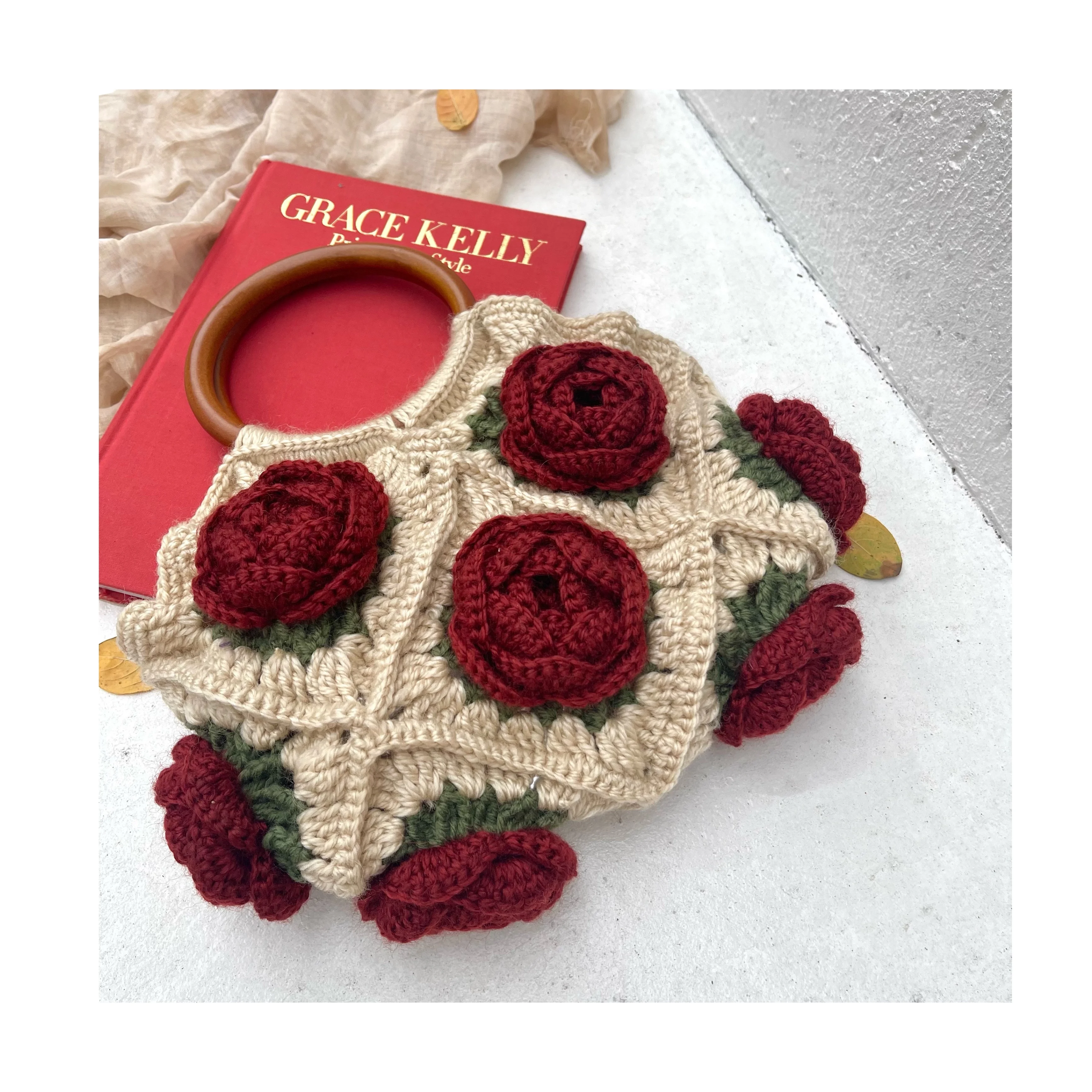 Fashion Original Design Fashion Women Shoulder Bag Yarn Crochet Handmade Flower Casual Tote Lady Shopping Handbag