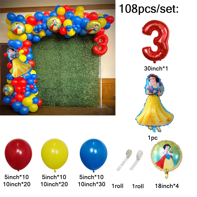thumbnail image 1 of Kit de 108 guirnaldas de globos de Blancanieves y las princesas de Disney, globos de aluminio con números de 30 pulgadas, decoración para fiestas de cumpleaños, suministros para baby shower, 1 of 5