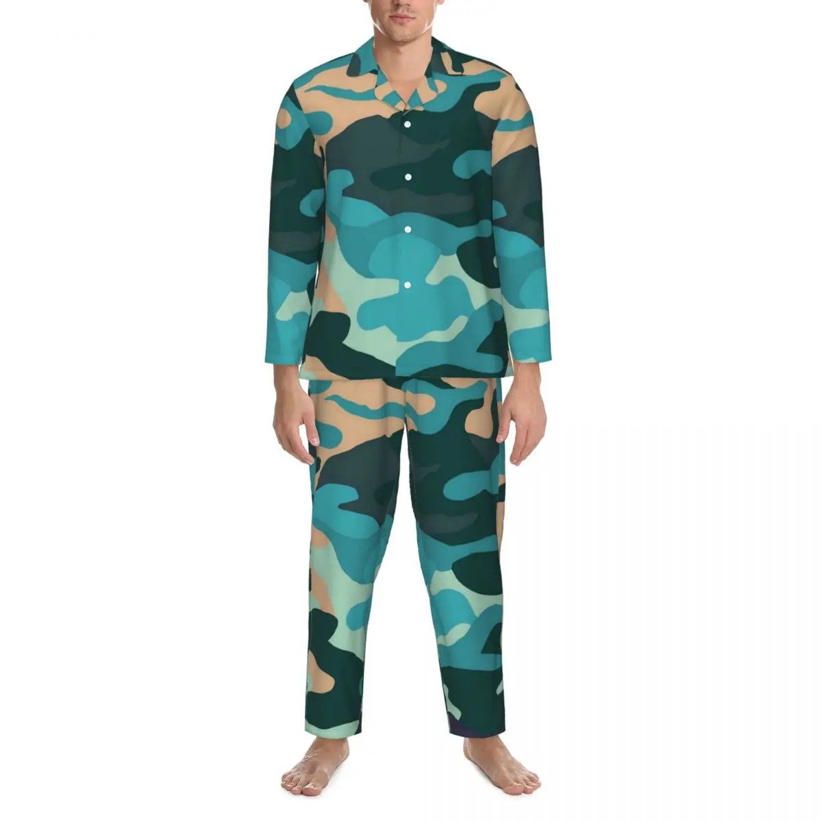 

Сине-зеленая камуфляжная Пижама, Весенняя камуфляжная винтажная Пижама оверсайз, Мужская теплая пижама с длинным рукавом и графическим принтом для сна