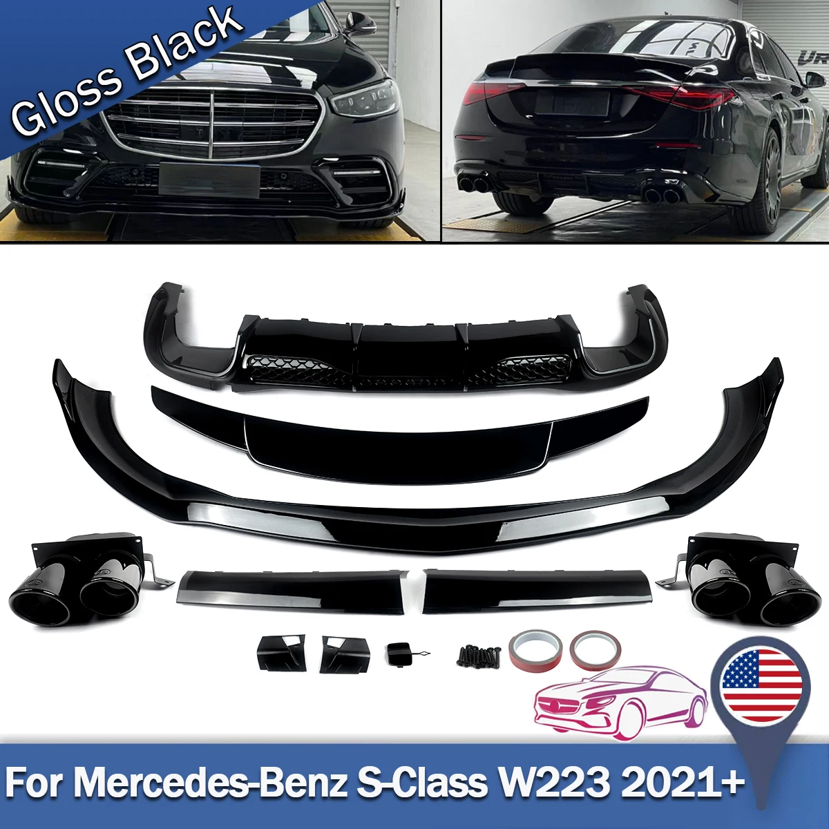

Передняя губа, задний диффузор Bs Style, спойлер для Benz S класса W223 2021-23, наборы тела глянцевого черного цвета
