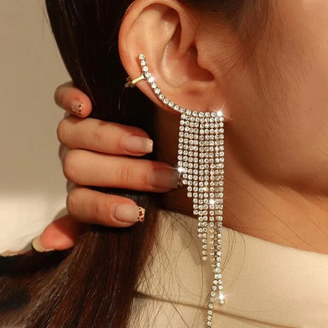 Sparkling Rhinestone Tassel Earrings Ear Wrap Crawler Cuff Drop