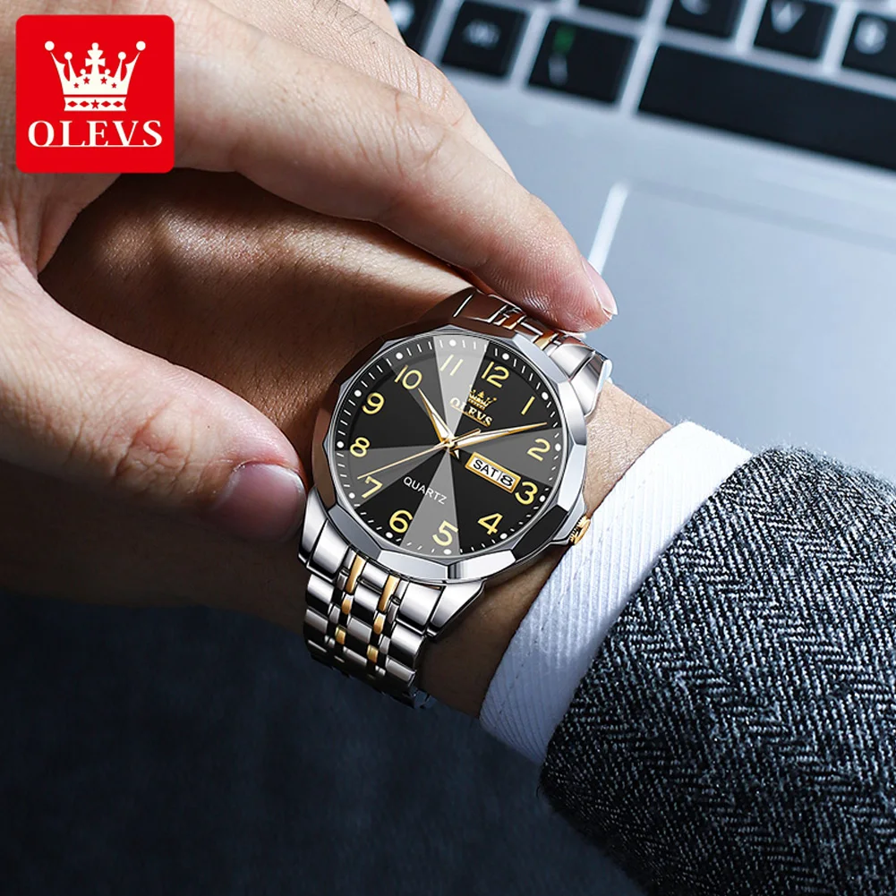 OLEVS Men's Watches Rhombus Mirror Dual Calendar Wristwatch Luxury Stainless Steel Business Quartz Watches for Men Reloj Hombre
