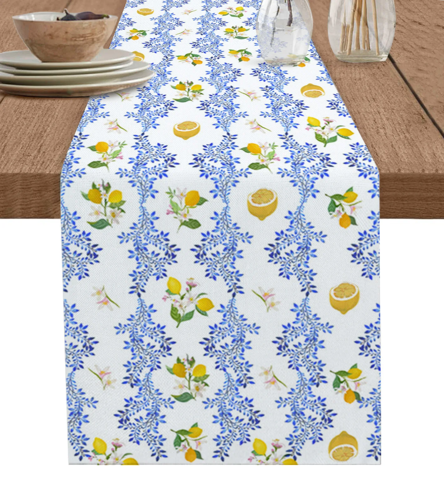 

Vintage Lemon Flower Leaves Table Runners Wedding Decor Coffee Table Kitchen Dining Cotton Linen Table Cloths